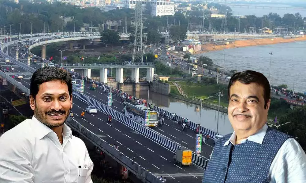 Union Minister for Road Transport and Highways Nitin Gadkari and Chief Minister Y S Jagan Mohan Reddy virtually inaugurating Kanakadurga flyover in Vijayawada on Friday