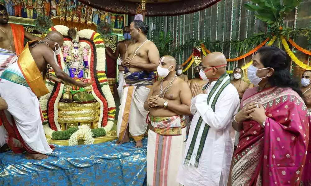 Lord Malayappa Swamy on Chinna Sesha Vahanam on the second day of Navaratri Brahmotsavams at Tirumala on Saturday