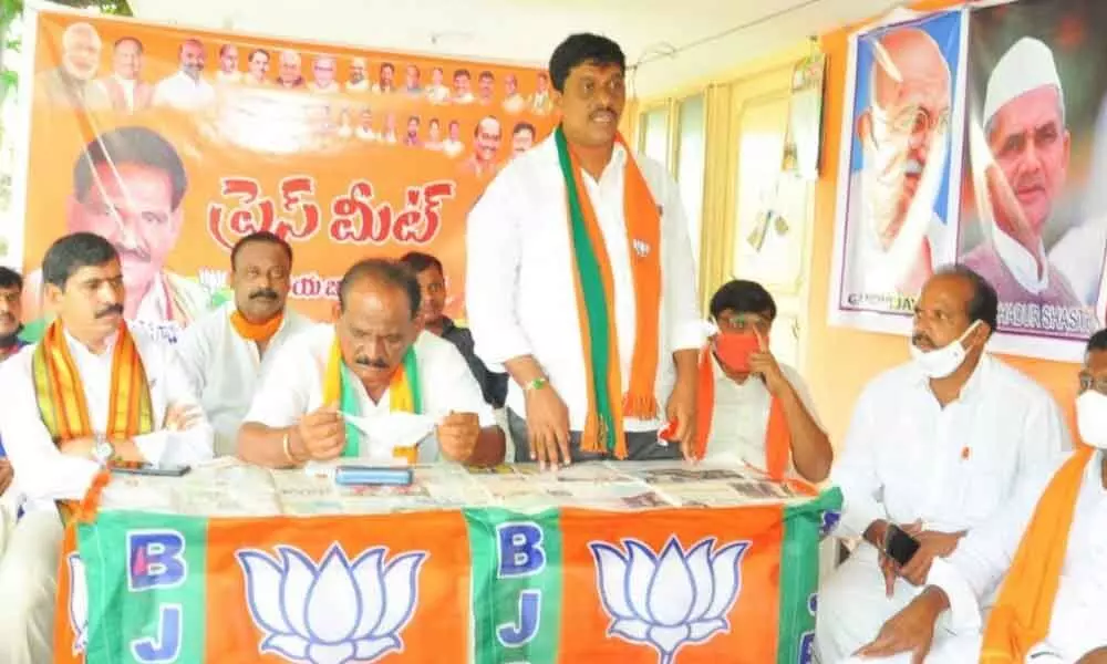 BJP Khammam district party chief Galla Satyanarayana speaking at a meeting in his party office on Saturday