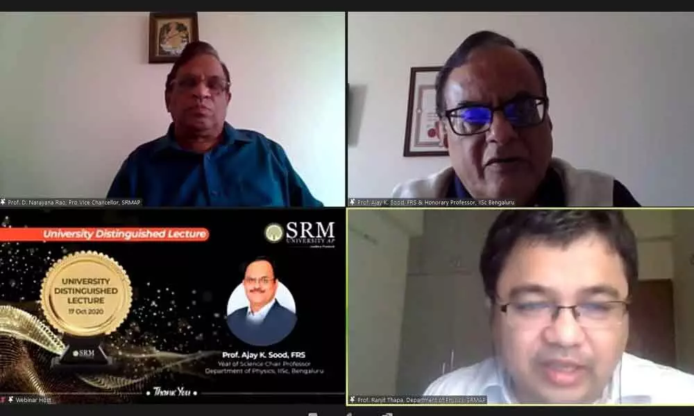 Prof Narayana Rao, Pro Vice-Chancellor of SRM-AP, Prof Ajay K Sood, of IISC, Bengaluru, and Prof Ranjit Thapa, Dept of Physics, SRM-AP, in the webinar