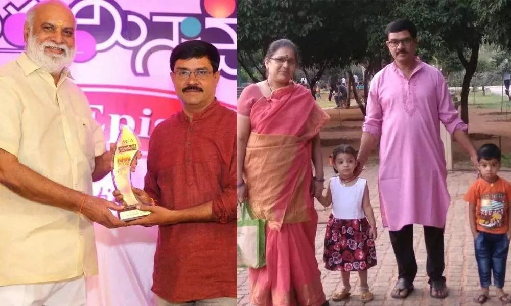 Kambhampati Subrahmanya Kumar receiving memento from film director K Raghavendra Rao