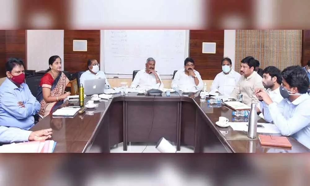 Krishna district In-charge Minister Peddireddy Ramachandra Reddy holding a review meeting in Vijayawada on Monday