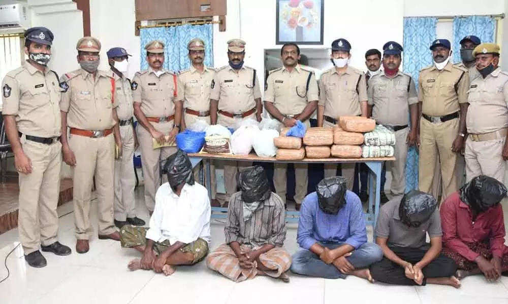 Police producing 8-member inter-state ganja smuggling gang before media in Rajampet on Monday