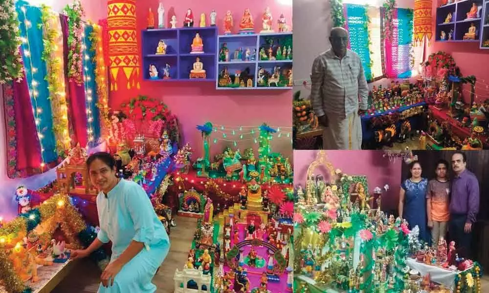 Dr Poornima M, wife of Dr Jayanth B N, at their dolls’ show (left); Dr B S Nagaraj, father of Dr Jayanth B N, with their dolls show (right top); Dr Jayanth B N, his wife Dr Poornima M and son Adithya J with their dolls show (right bottom)