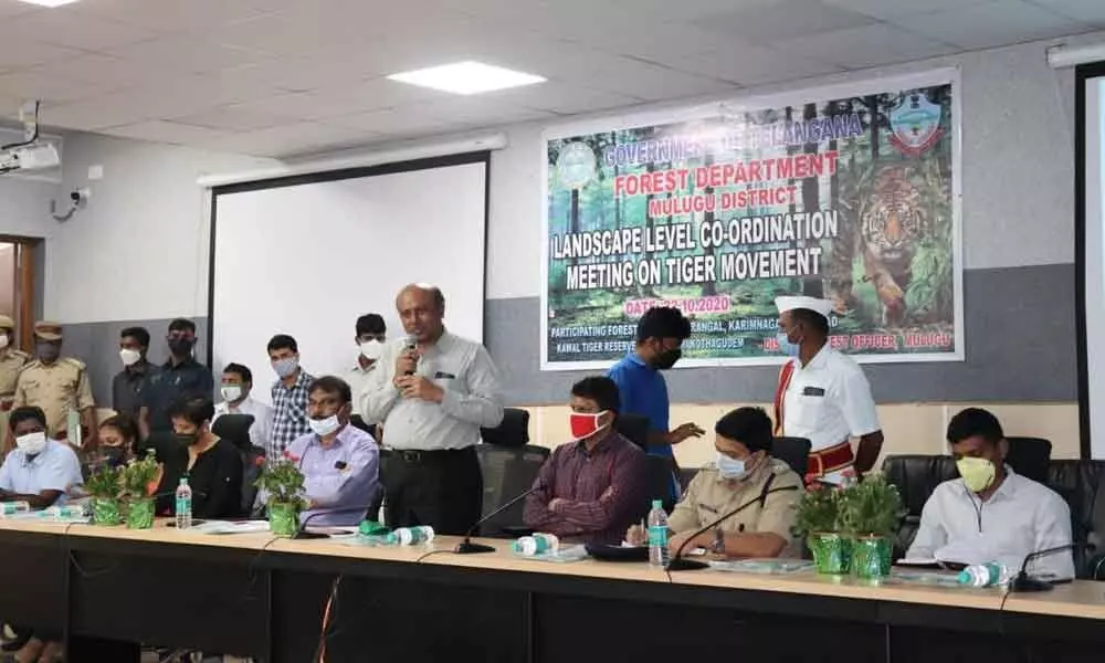 Chief Conservator of Forests M J Akbar speaking at a meeting in Mulugu on Thursday