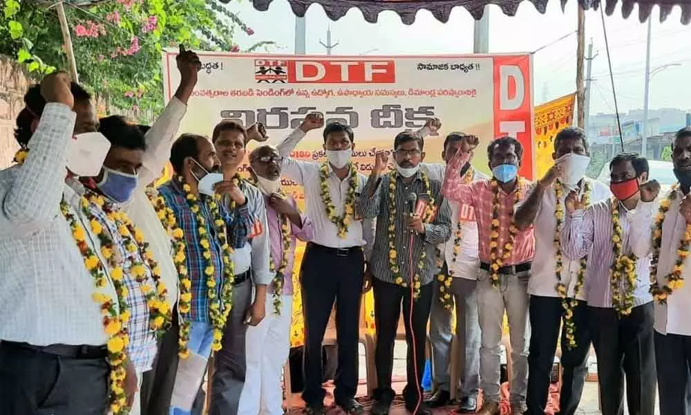 DTF representatives staging one-hunger strike in front of the Collectorate in Karimnagar on Thursday