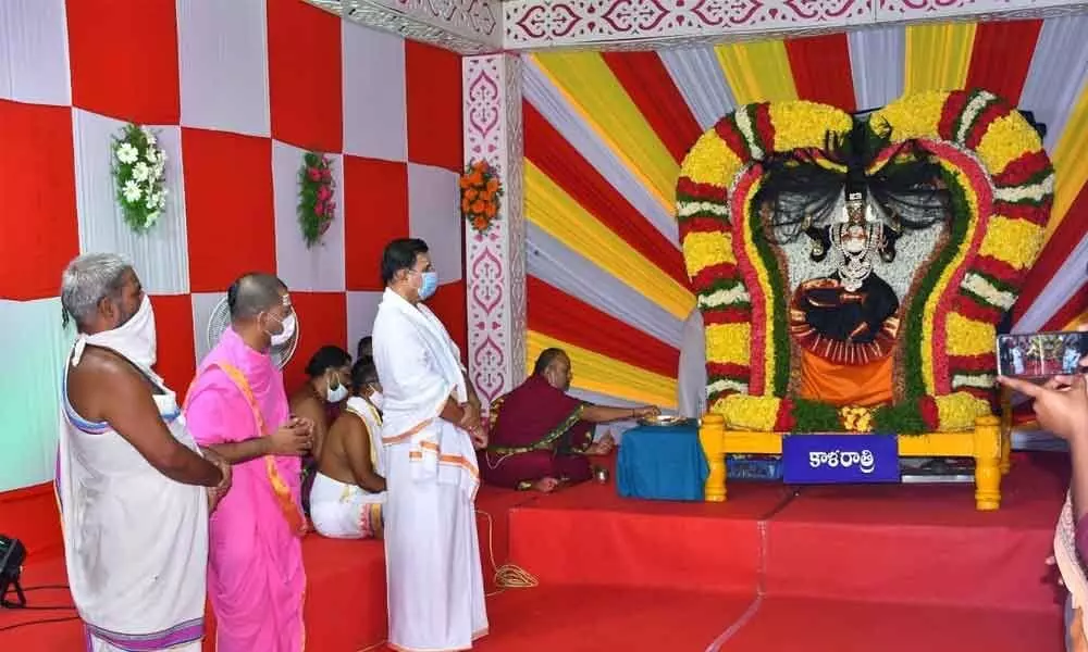 Nava Durga appears as Kalaratri Alankaram on the seventh day of Navaratri Mahotsavam in Srisailam temple on Friday.