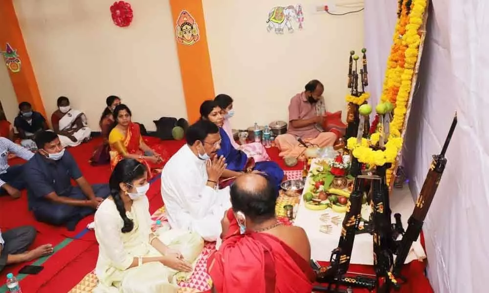 Cyberabad Police Commissioner VC Sajjanar, along with his family members, performing pooja at the Commissioner’s office on Saturday