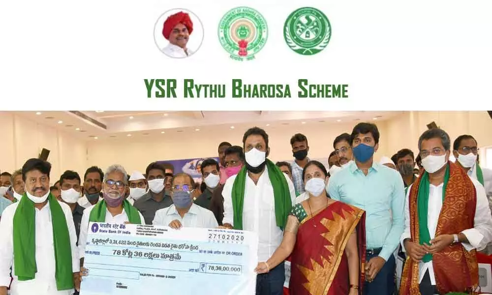 Civil Supplies Minister Kodali Venkateswara Rao, Krishna District Collector Md Imtiaz and others displaying the cheque related to Rythu Bharosa scheme in Nandigama on Tuesday
