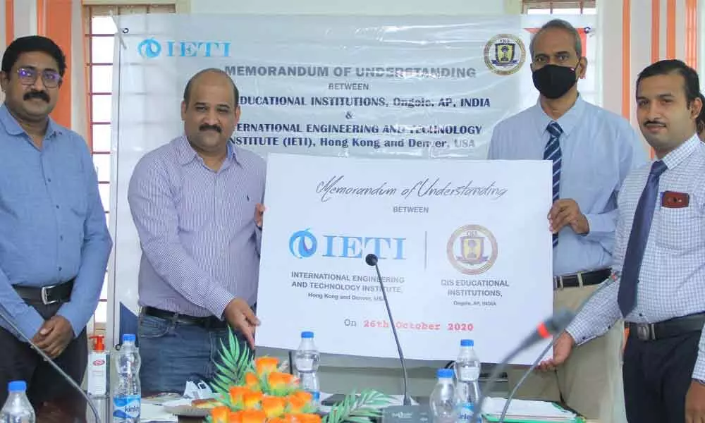 Nidamanuri Nageswara Rao, chairman of QIS Educational Institutions, QIS CET principal Dr D Venkat Rao, QIS IT principal Dr CV Subba Rao, QIS Pharmacy principal Dr D Dakshina Murthy releasing the MoU in Ongole on Tuesday