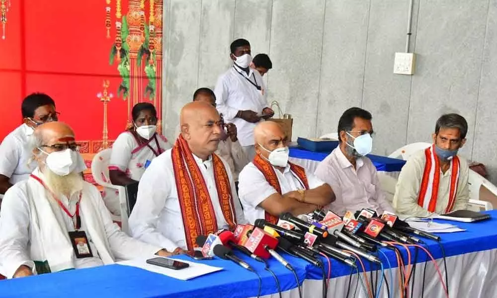 Kanakadurga temple trust board chairman Pyla Sominaidu addressing a media conference at the temple in Vijayawada on Tuesday