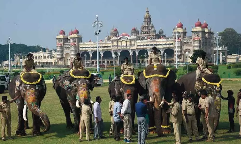 Pooja being performed to elephants Abhimanyu and others at Mysuru Palace on Wednesday before they were sent to their forest abodes