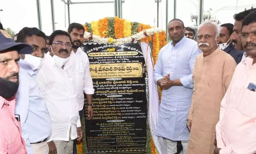 Ministers Anil Kumar and Goutham Reddy formally inaugurating the substation at Brahmanapalli in Atmakur on Thursday