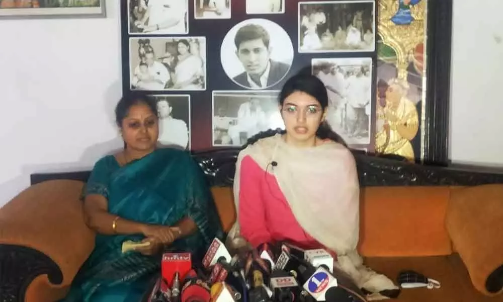 MANSAS trust chairperson Sanchaita Gajapathi Raju’s half-sister Urmila Gajapathi Raju speaking to media in Vizianagaram on Thursday