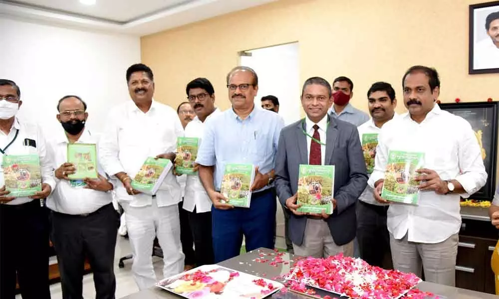Agriculture Minister K Kannababu releasing the Vyavasaya Panchangam
