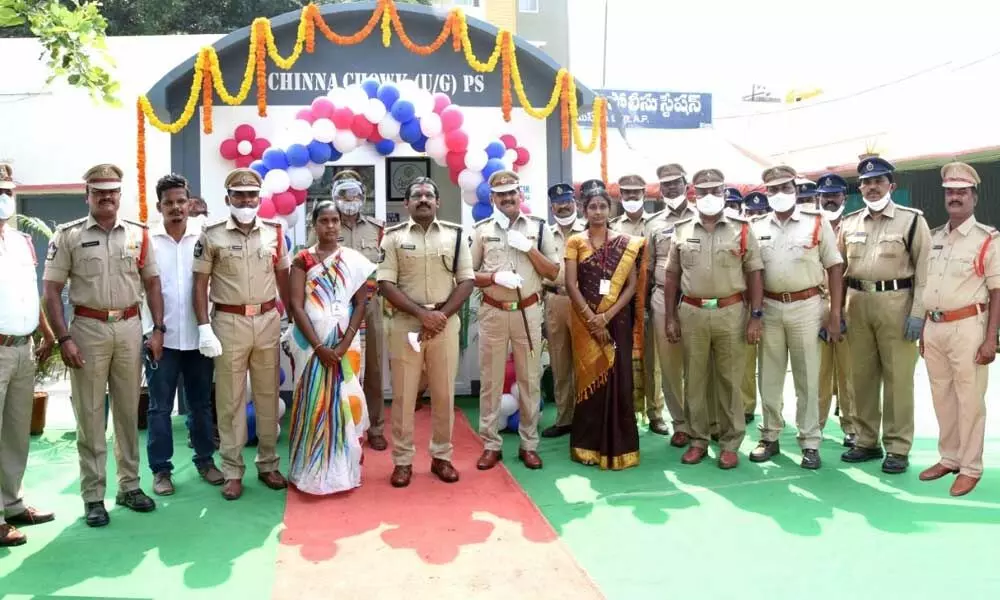 Superintendent of Police K K N Anburajan inaugurating a special counter for women problems at Chinna Chowk police station in Kadapa on Friday