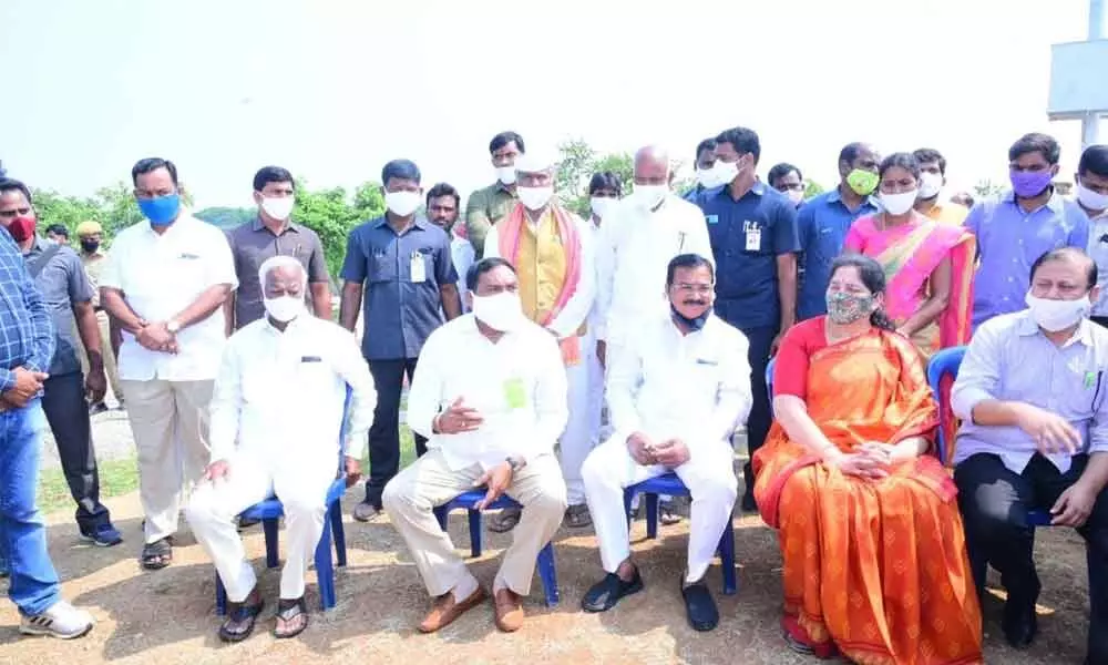 Minister for Panchayat Raj Errabelli Dayakar Rao speaking to the media in Kodakandla on Friday. Agriculture Minister S Niranjan Reddy and Tribal Welfare Minister Satyavathi Rathod also seen