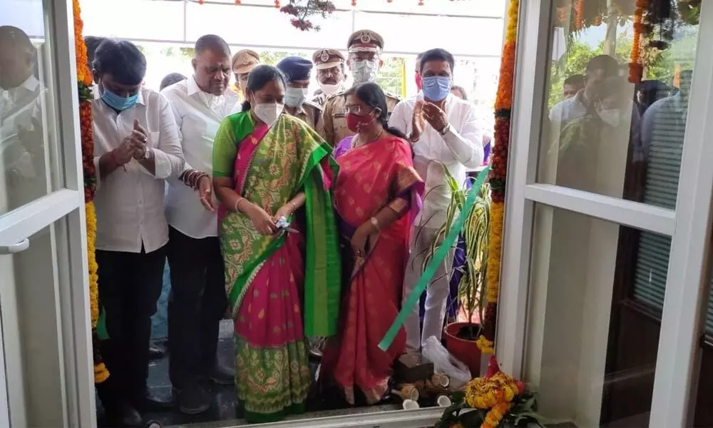 Home Minister Mekathoti Sucharitha opening a model police station at Narsipatnam on Friday