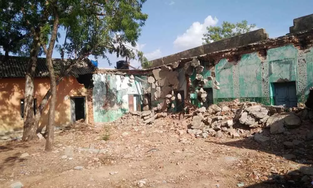 Debris of the dilapidated and abandoned ZPHS building in Marikal mandal