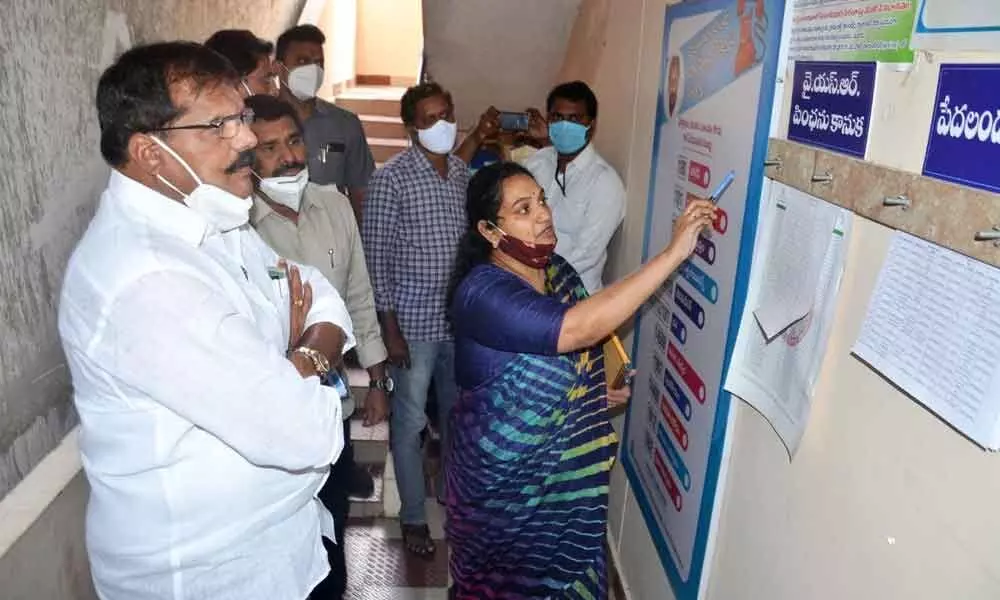 Municipal Administration and Urban Development Minister Botcha Satyanarayana and Municipal Commissioner G Srijana at the ward secretariat at New Venkojipalem in Visakhapatnam on Saturday