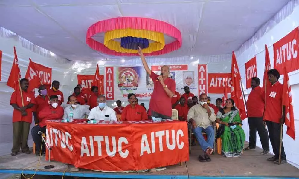 K Narayana addressing AITUC meet in Tirupati on Saturday