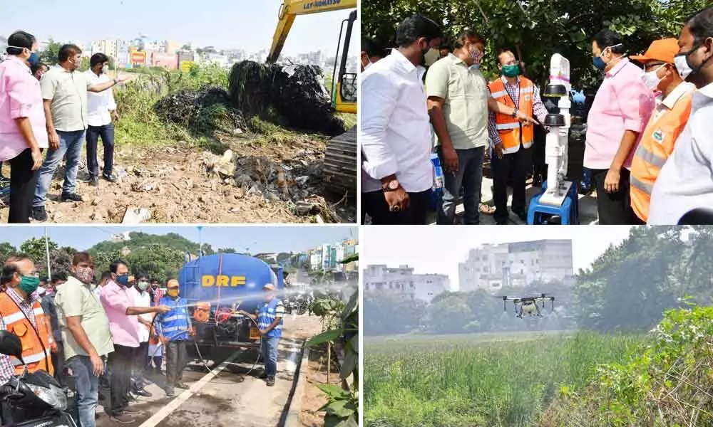 Mayor Bonthu Rammohan and MLA Maganti Gopinath launch hyacinth removal work and anti-larval operation at Kotha Cheruvu. Mayor urges citizens not to dump waste in tanks and lakes. Special sanitation drive being taken up as per the directions of KTR