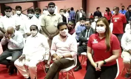 IT Minister K Taraka Rama Rao with Jwala Gutta at the inauguration of Jwala Gutta Badminton Academy at Sujatha School in Moinabad on Monday