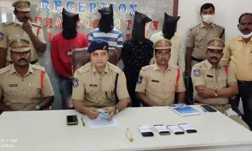 Bhadrachalam ASP M Rajesh Chandra producing the arrested persons before the media at Kothagudem DSP office on Wednesday