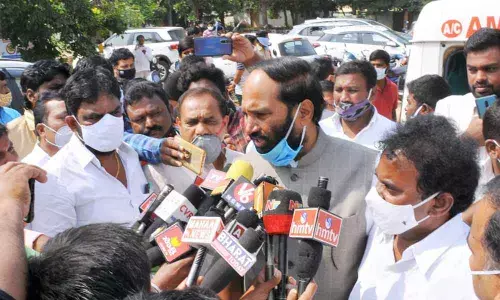 TPCC chief N Uttam Kumar Reddy addressing the media in Choutuppal on Wednesday
