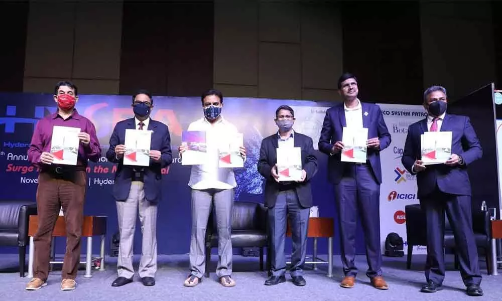 Telangana IT Minister KT Rama Rao, IT Secretary Jayesh Ranjan, Hysea president Bharani K Aroll and V-P Kiran Cherukuri releasing a white paper on ‘Post-covid imperatives for Hyderabad IT Industry’ in Hyderabad on Thursday