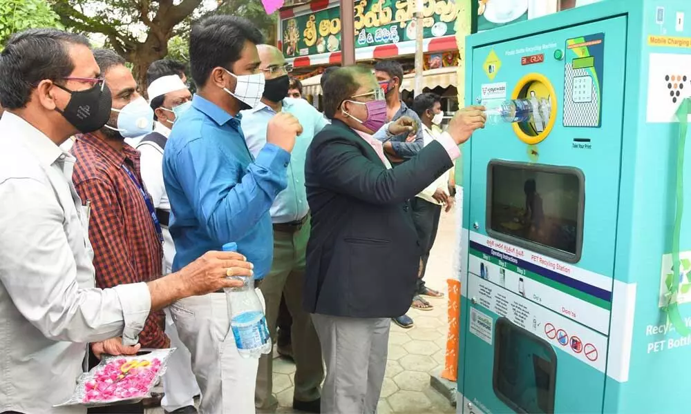 Inaugurating plastic bottles recycling kiosk