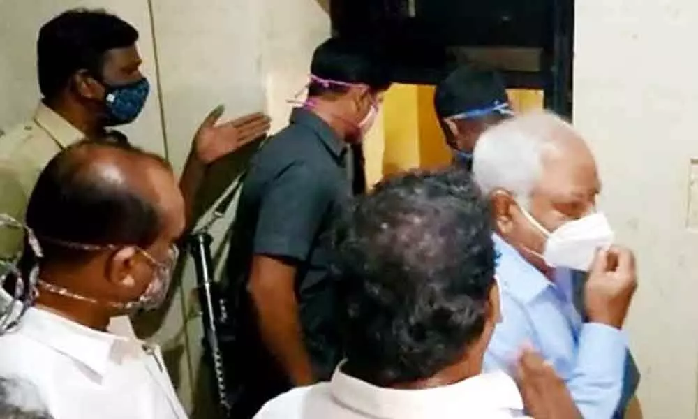 Telangana minister Koppula Eshwar got stuck in a lift at Samrat Apartments in Saifabad