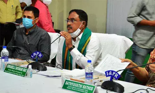 Panchayat Raj Minister Errabelli Dayakar Rao speaking at a review meeting at Haritha Kakatiya Hotel in Hanamkonda on Friday