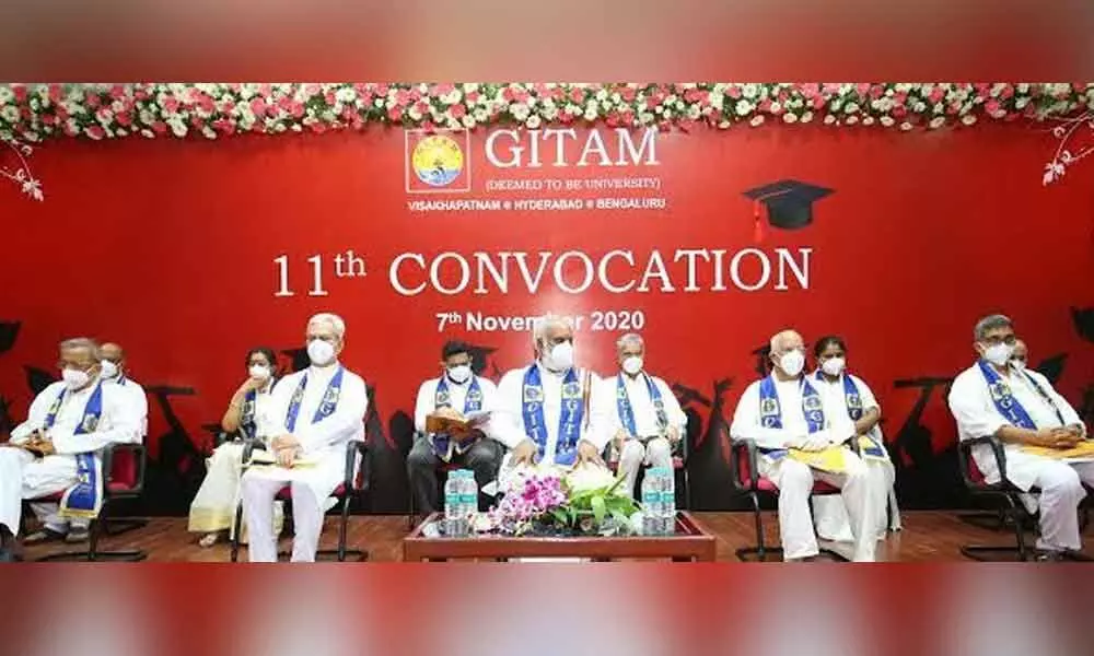 Founder-chairperson of Biocon Limited Kiran Mazumdar-Shaw addressing students of GITAM on the occasion of the 11th convocation on Saturday