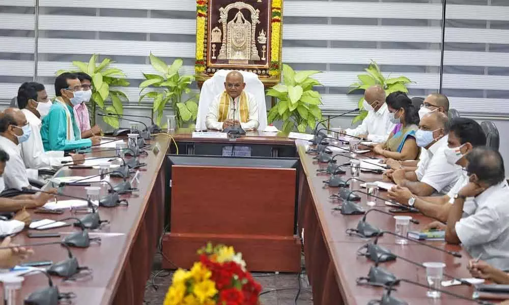 TTD EO Dr K S Jawahar Reddy addressing the Dial Your EO programme at Annamaiah Bhavan in Tirumala on Sunday