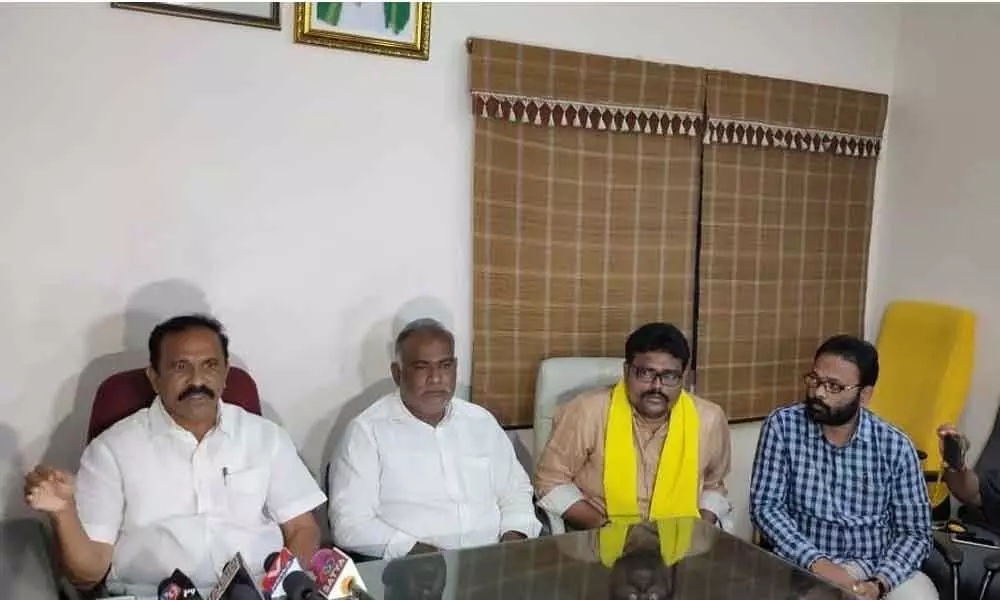 Ongole Lok Sabha constituency TDP president Nukasani Balaji and other leaders speaking at a press conference in Ongole on Sunday