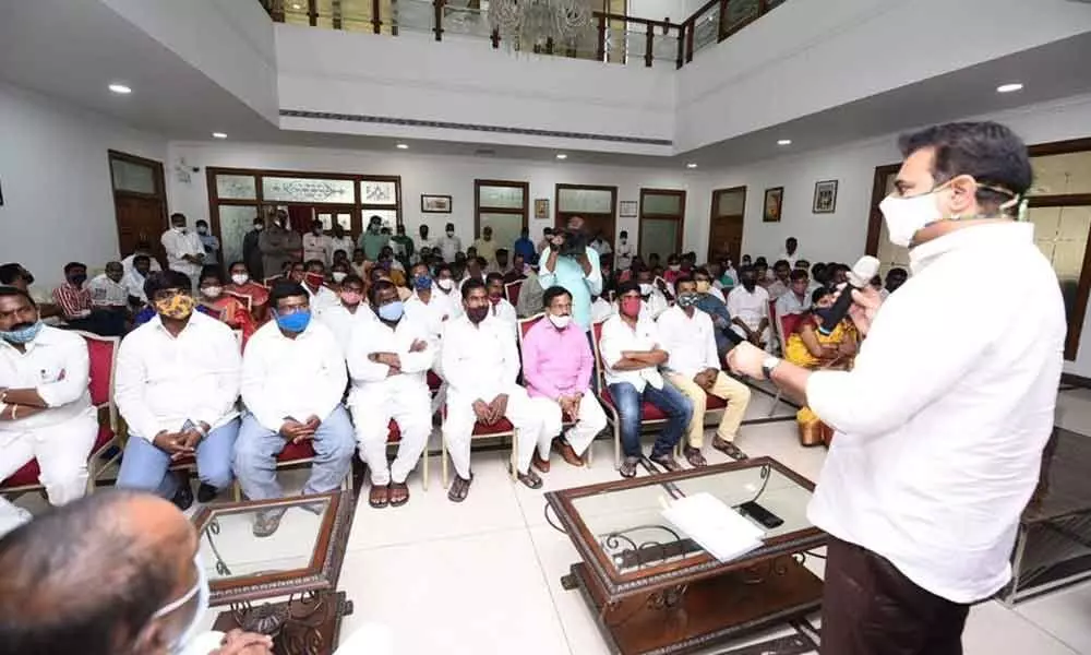 MAUD Minister K T Rama Rao addressing the residents of 20 colonies of Uppal at Pragathi Bhavan, on Monday
