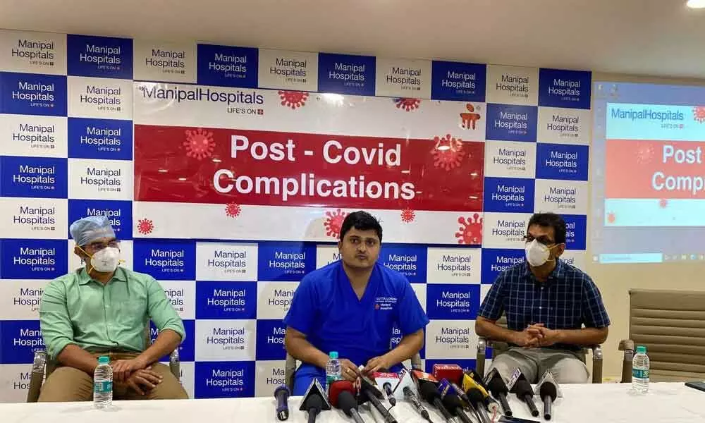 Dr VVK Sandeep, Dr Murali Krishna Ganguri and Dr Lokesh Gutta addressing the media on post-Covid complications at Manipal Hospital in Vijayawada on Tuesday