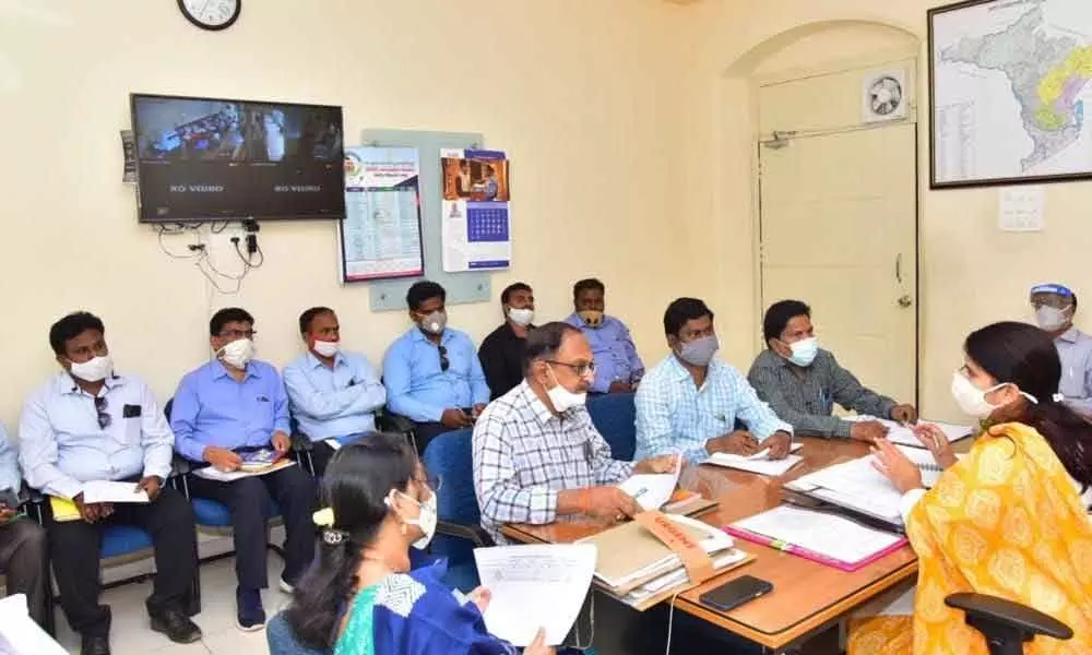 Joint Collector  G Raja Kumari addressing cement company representatives in Kakinada on Monday