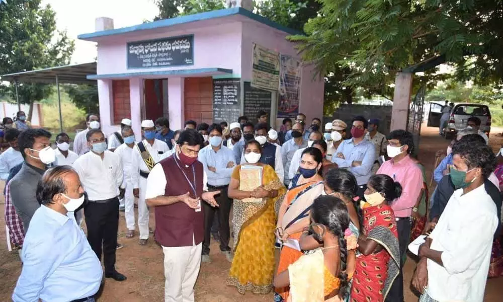 Principal Secretary Praveen Prakash speaking to parents of ZP High school in Gajapathinagaram mandal in Vizianagaram district on Monday