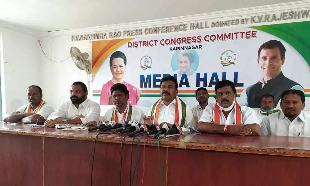 DCC president K Satyanarayana speaking to the media at DCC office in Karimnagar on Tuesday