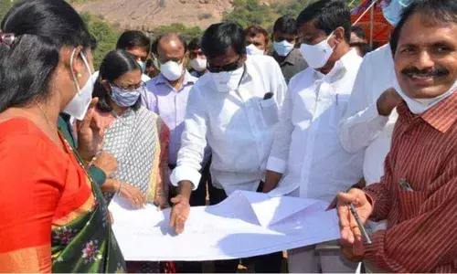 Ministers P Ajay Kumar and V Prasanth Reddy and Government Whip Gongidi Sunitha inspecting the site map