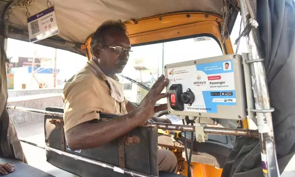 An auto-rickshaw driver waiting for the passengers to board the ‘Abhaya’ installed three-wheeler in Visakhapatnam. Photo: A Pydiraju