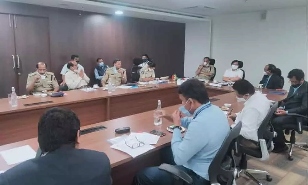 Principal Secretary of Home Kumar Viswajeet and Police Commissioner B Srinivasulu addressing the airport safety meeting at Vijayawada Airport on Wednesday Principal Secretary of Home Kumar Viswajeet and Police Commissioner B Srinivasulu addressing the airport safety meeting at Vijayawada Airport on Wednesday