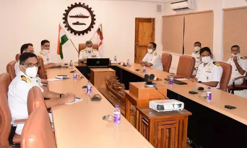 Naval officers taking part in a webinar as part of the Navy Week celebrations, in Visakhapatnam on Friday