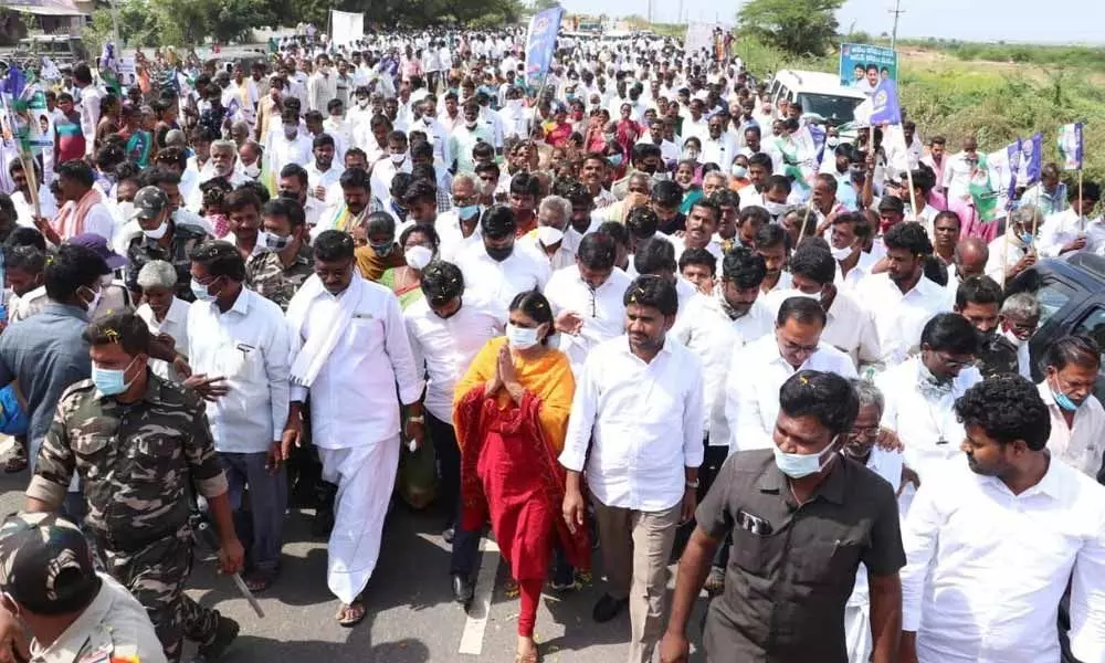 Singanamala MLA J Padmavathi taking part in Praja Chaitanya Yatra in her constituency on Sunday