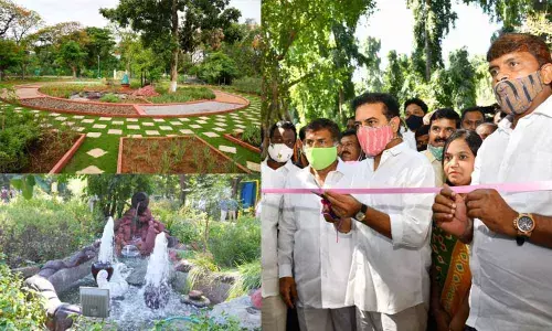 The panchatatva garden with walkway is developed on five elements of nature (Panchabhutas) - earth, water, fire, air and ether. Walking barefoot activates acupressure points. According to experts, panchatatva walk offers various health benefits