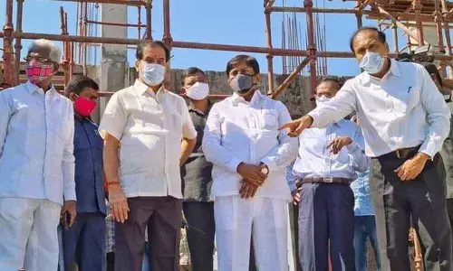 Chief Whip D Vinay Bhaskar and State Planning Commission vice-chairman Boinapalli Vinod Kumar inspecting the works of Kaloji Kalakshetram