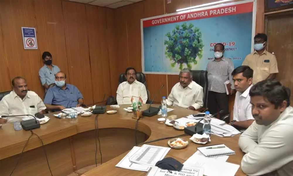 Panchayat Raj Minister Peddireddy Ramachandra Reddy, Dy CM K Narayana Swamy and others in a review meeting on NREGS at RDO office in Tirupati on Monday