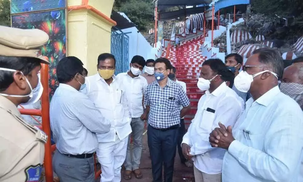 Devarkadra MLA Ala Venkateshwar Reddy along with endowment officials inspecting arrangements for Kurumurthy Jatara